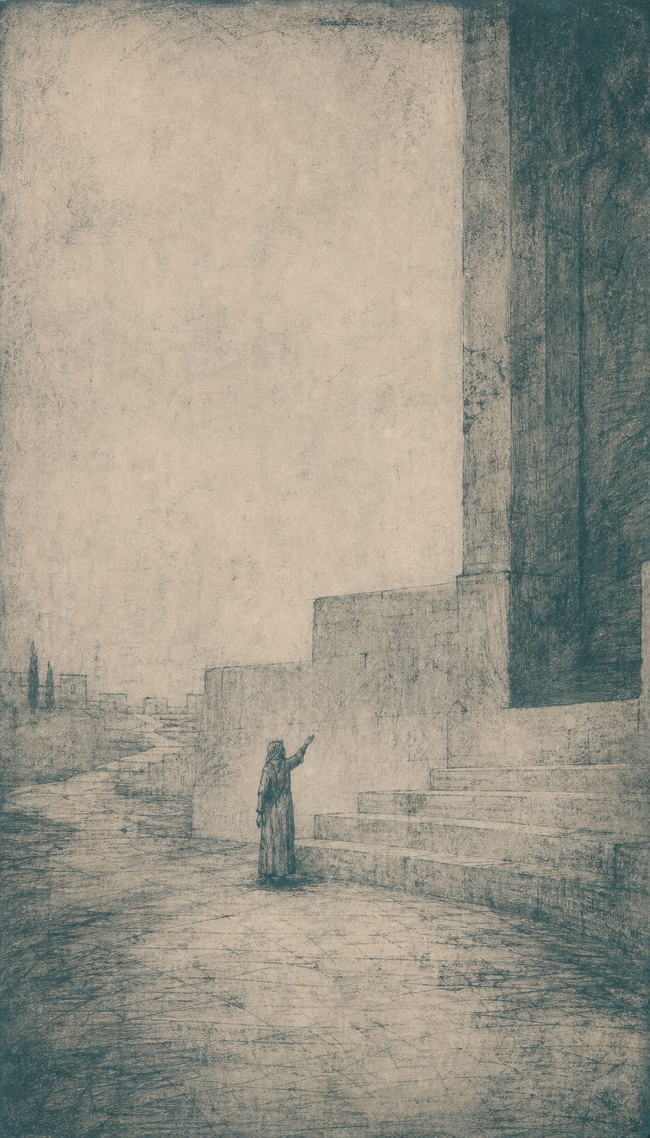 A tiny widow raises her voice before the massive steps and towering entrance of an ancient hall of judgment.