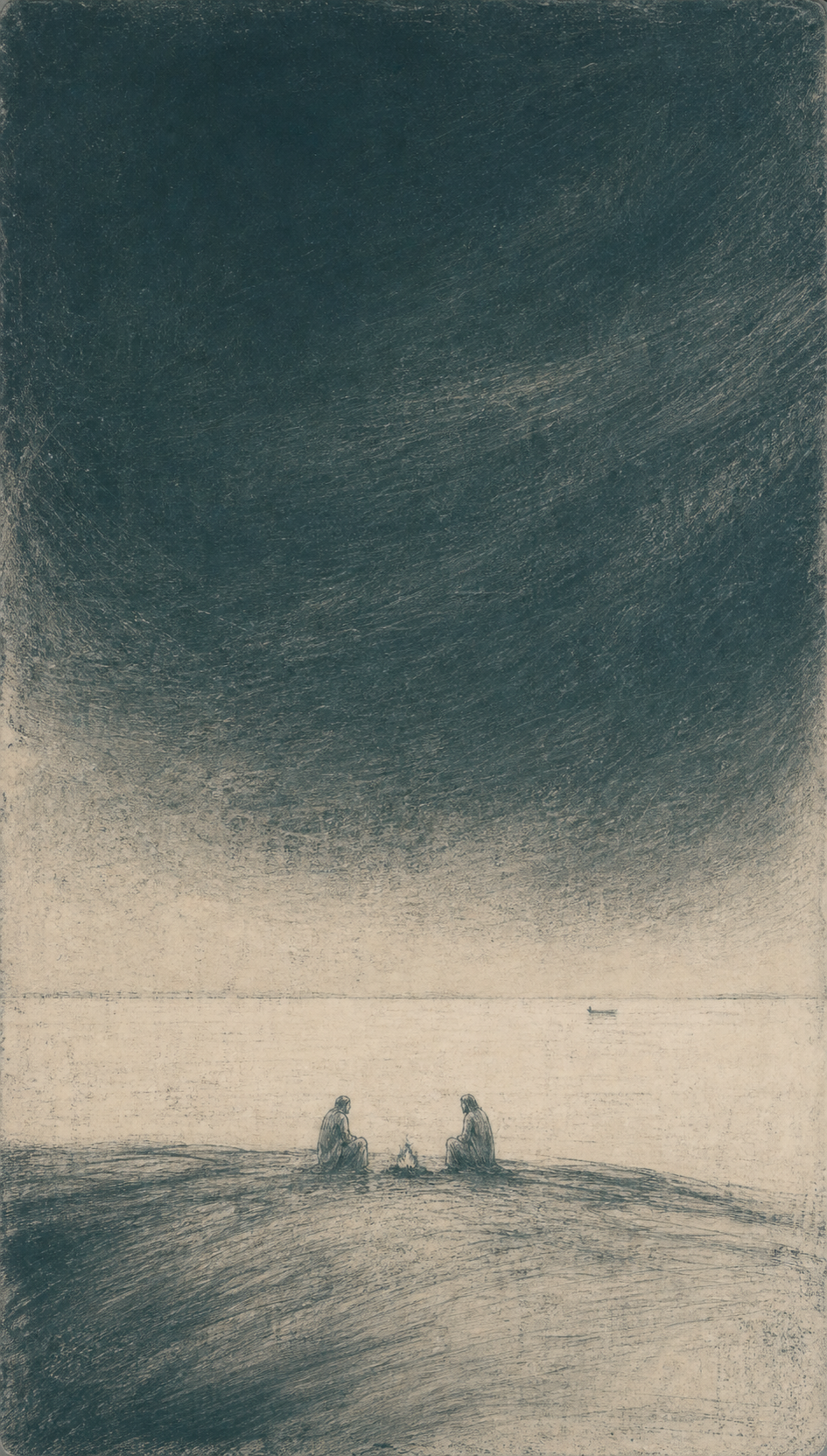 Jesus and Peter sit beside a small fire under a vast teal sky.