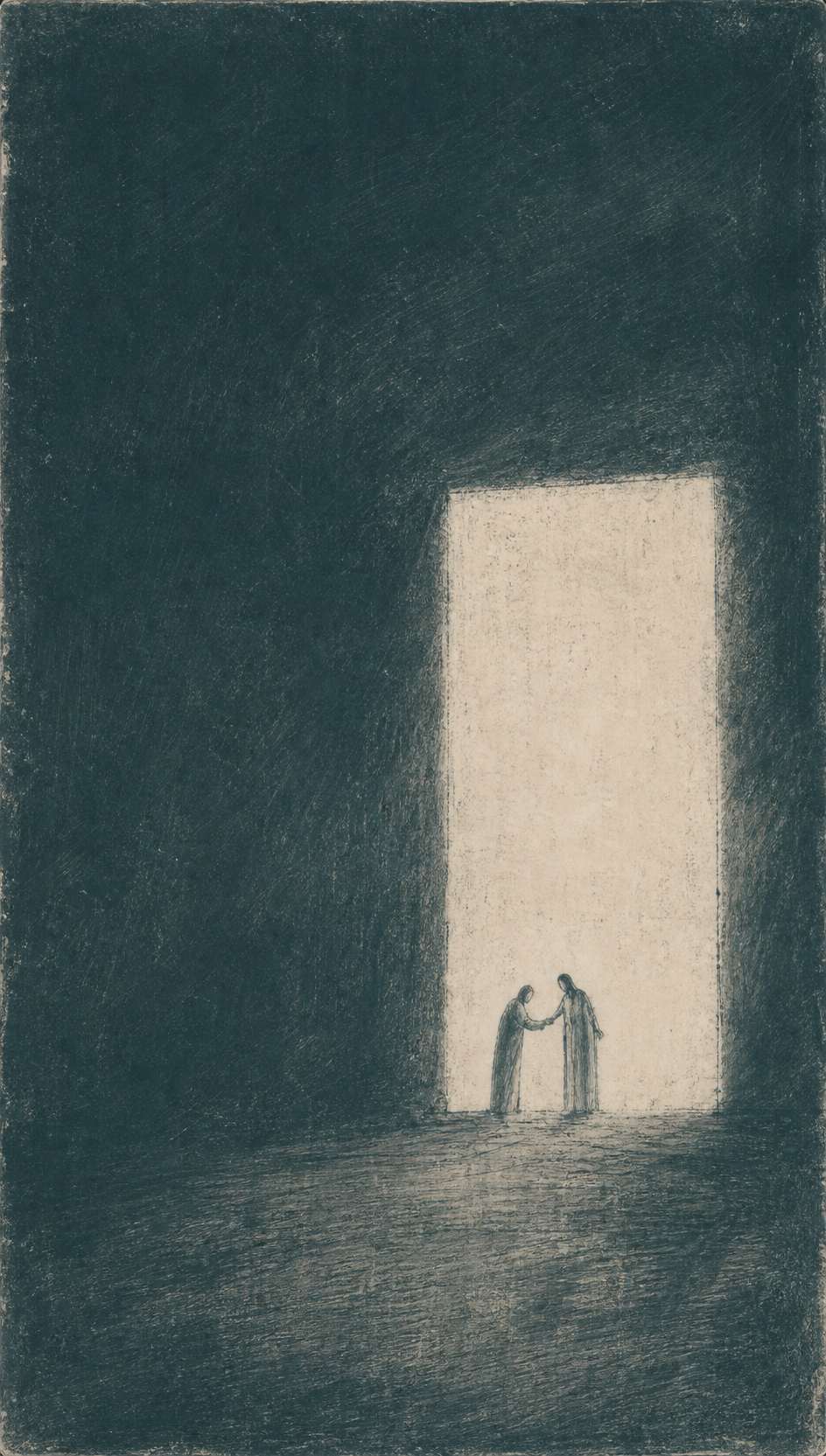 Thomas reaches toward Jesus in a tall doorway of light.